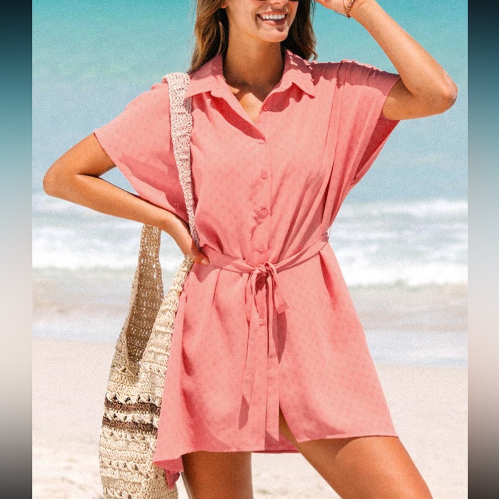 CUPSHE Austlyn coral peach button up dress belted button front dress size XL